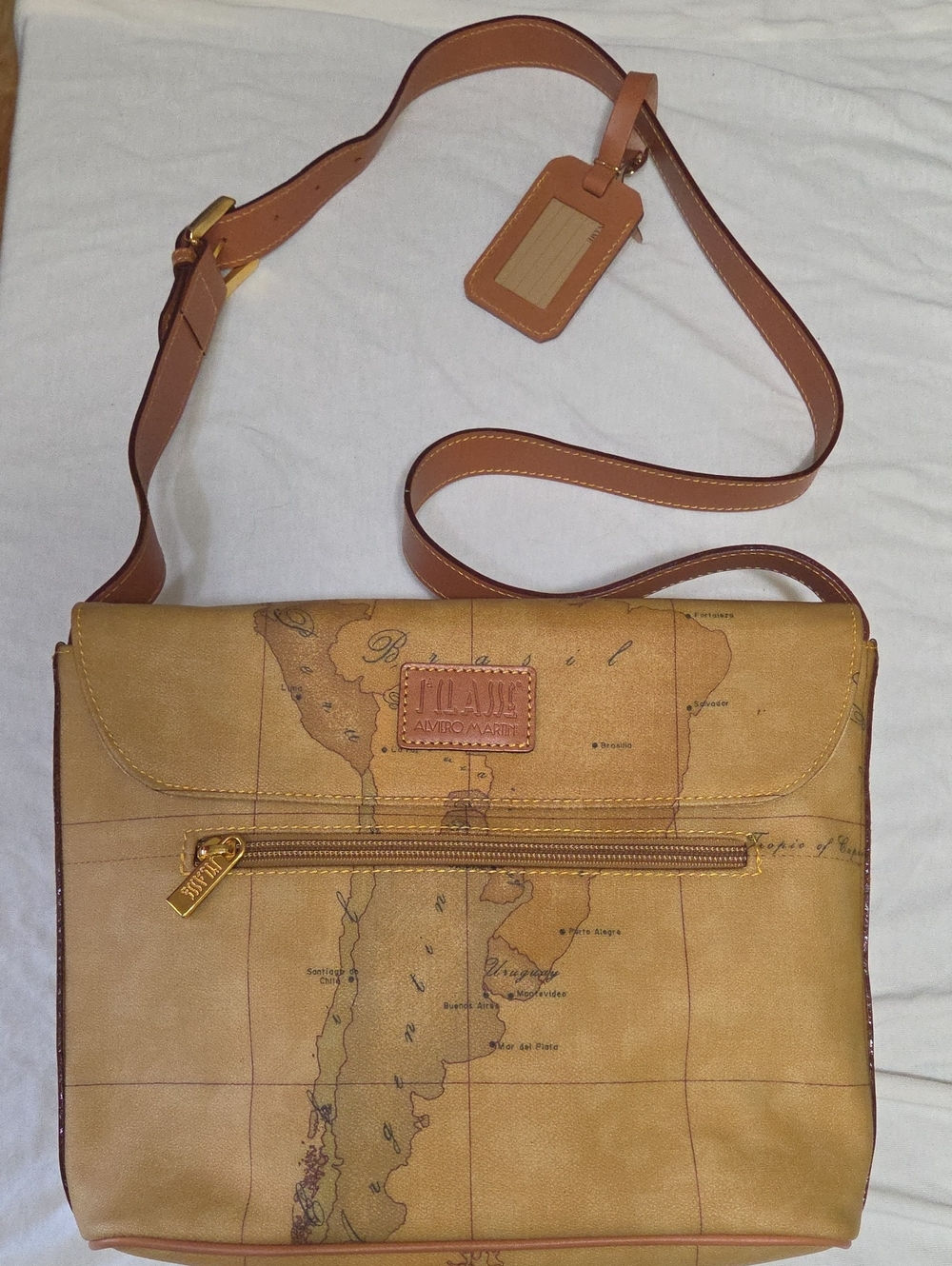 Alviero Martini Tan Map-Print Crossbody Messenger Bag